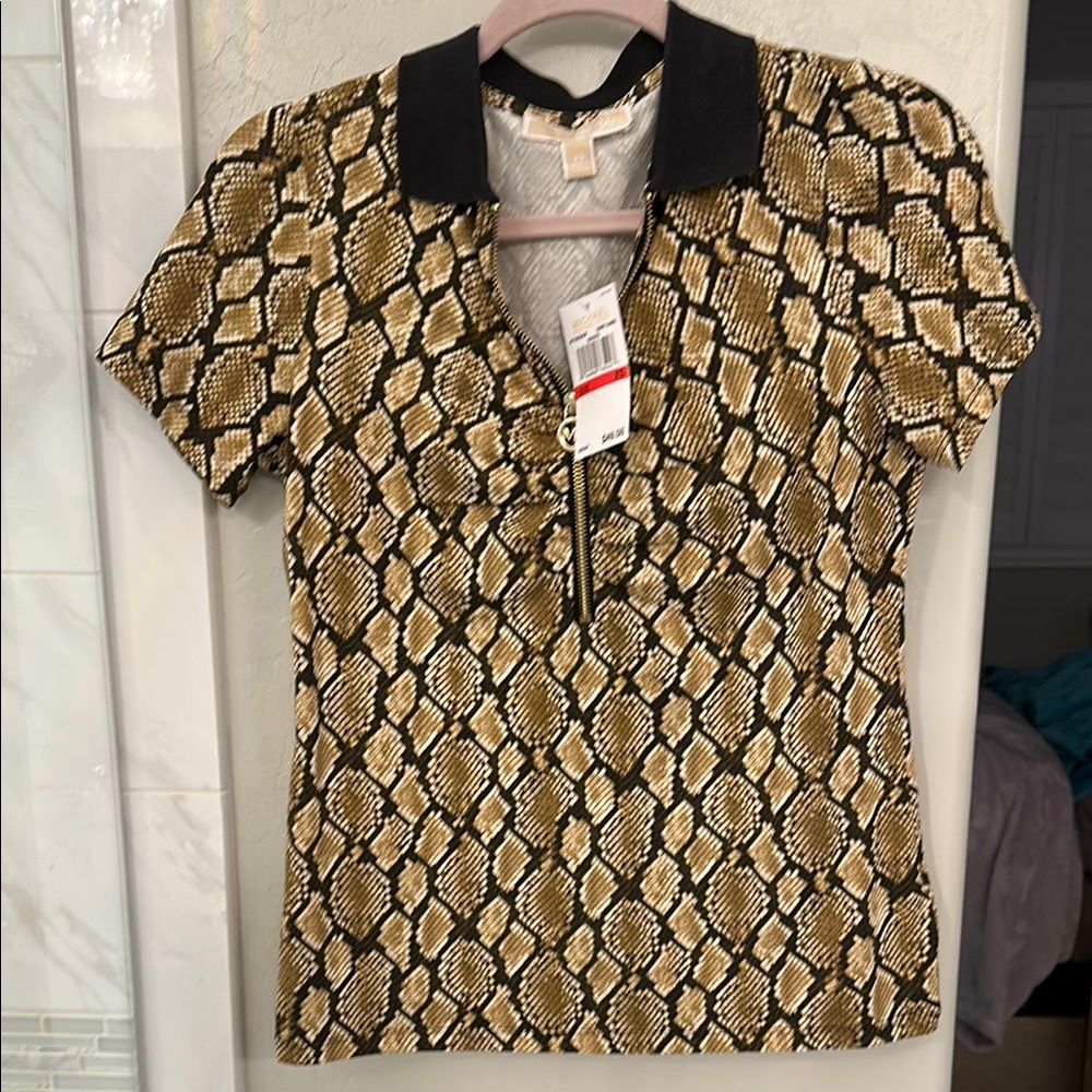 Michael Kors Snake Print Short Sleeve Top with Black Collar NWT